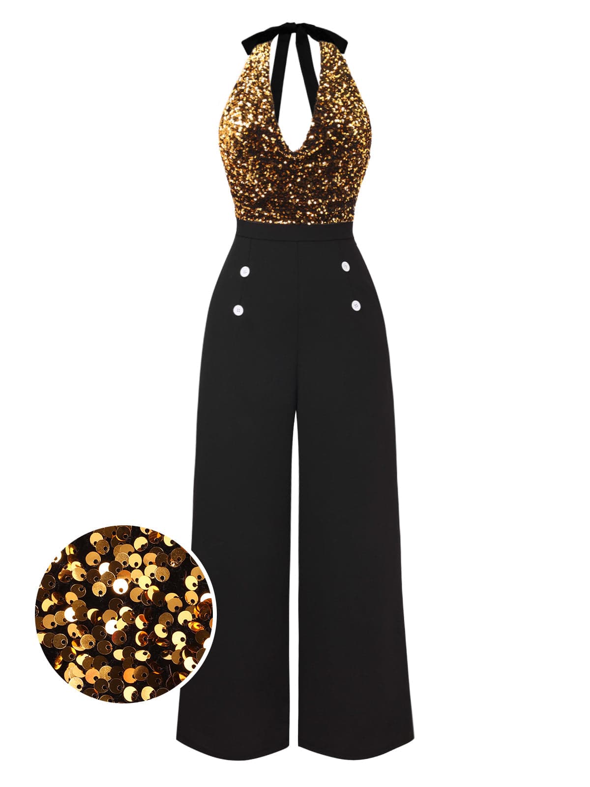 Gold 1930s Halter Neck Sequined Jumpsuit von Retro Stage